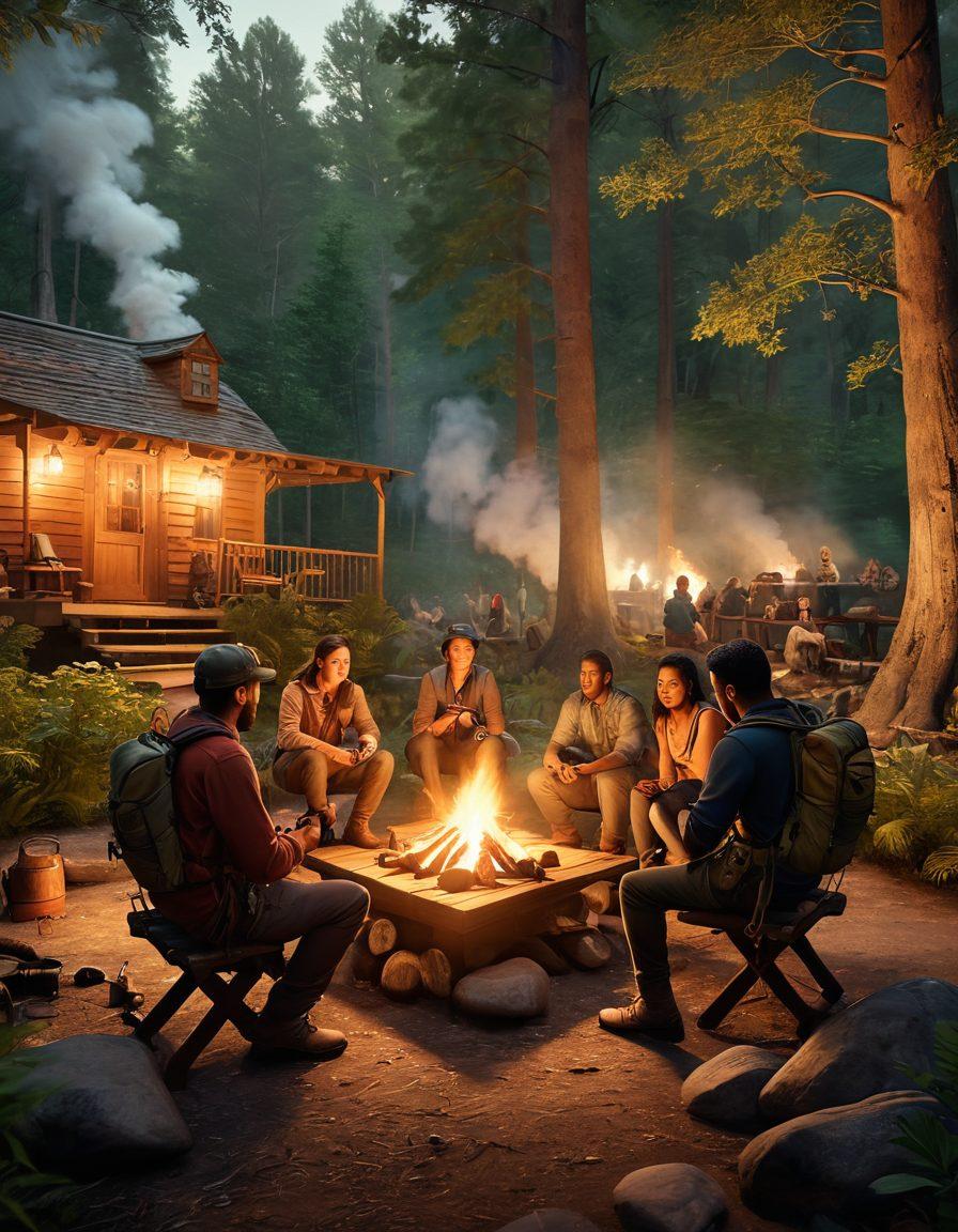 A diverse group of outdoor enthusiasts gathered around a campfire, discussing firearm safety tips and sharing adventure stories, surrounded by a lush forest backdrop. Include details like campfire smoke, hanging lanterns, and maps strewn across a wooden table. Capture a warm, inviting atmosphere with subtle hints of firearms secured safely nearby. super-realistic. warm colors. natural setting.