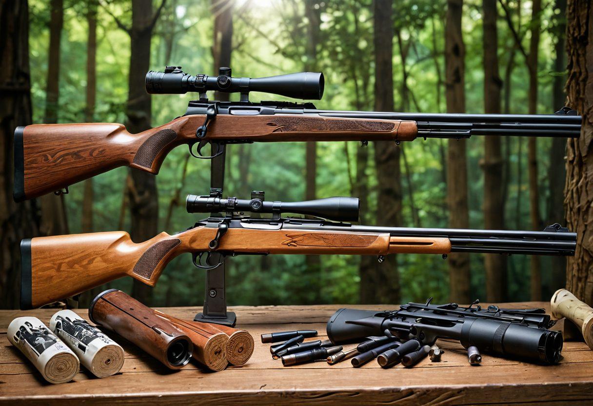 A dynamic scene showcasing a variety of Hatsan firearms and airguns, arranged artistically on a textured wooden surface. In the background, display targets with precision shots highlight their effectiveness. Include outdoor elements like a forest or shooting range, with sunlight streaming through trees for a feel of adventure. The composition should evoke excitement and curiosity about hunting and marksmanship. super-realistic. vibrant colors. 3D.